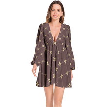 Load image into Gallery viewer, Lantern Sleeve Deep V-Neck Short Dress