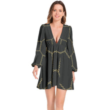 Load image into Gallery viewer, Lantern Sleeve Deep V-Neck Short Dress
